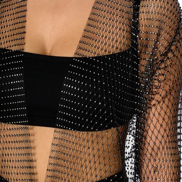 Akira Rhinestone Fishnet Long Open Front Jacket - Picture 6 of 12